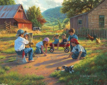 Kinder im Landhaus mit Welpen Kuh Huhn spielen Haustier Kinder Ölgemälde